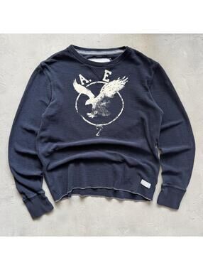 Vintage 2000s American Eagle Stencil Faded Navy Blue Thermal Long Sleeve